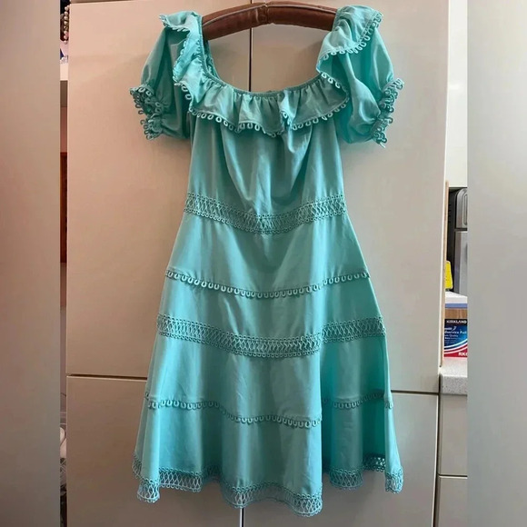 Justwoman Turquoise Dress Size 38 S/M Lace Flared Embroidered Off the Shoulder - Picture 1 of 7